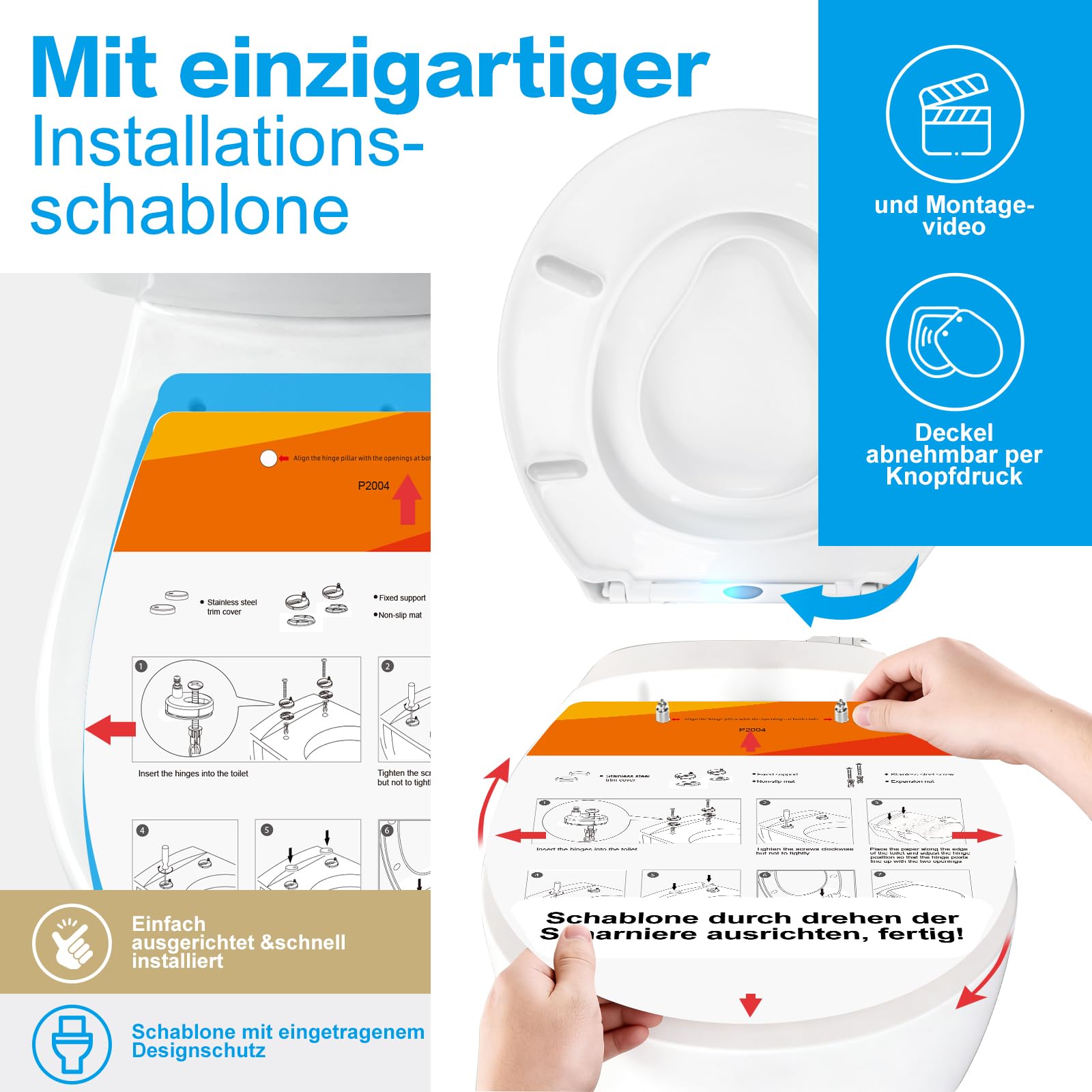 Toilettenbrille mit Kindersitz & Soft-Close – Klodeckel mit herausnehmbarem Kindereinsatz, Quick-Release & Antibakteriell – Robuster Toilettendeckel für Standard-WCs, inkl. Montageschablone