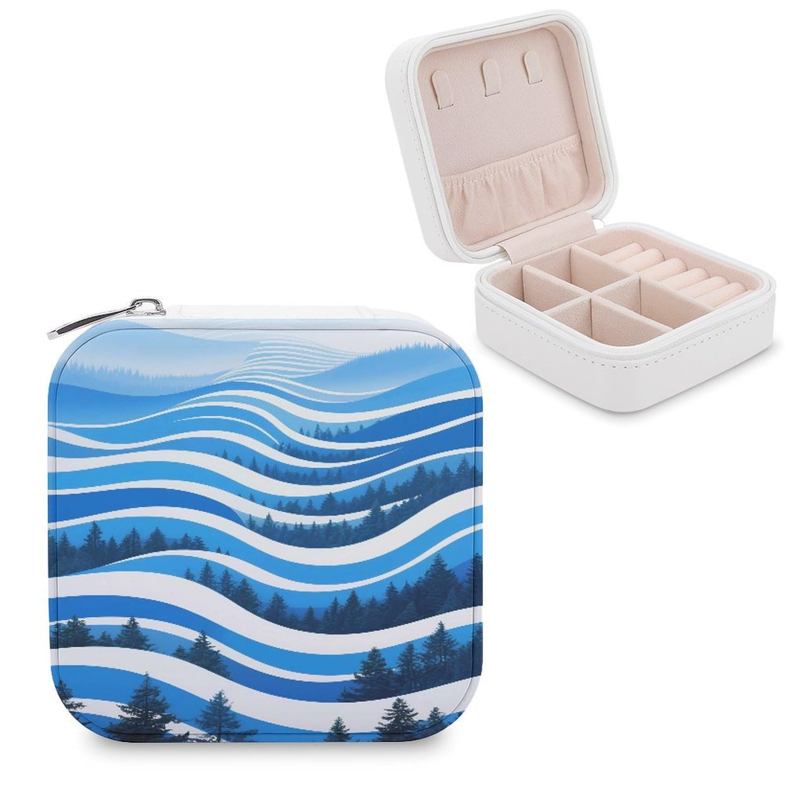 VstaDank Forest Abstract Wave Jewelry Box for Women Jewelry Organizer Storage Case with Zipper Mini Travel Jewelry Case Cute Trinket Organizer Leather Portable Jewelry Storage Box
