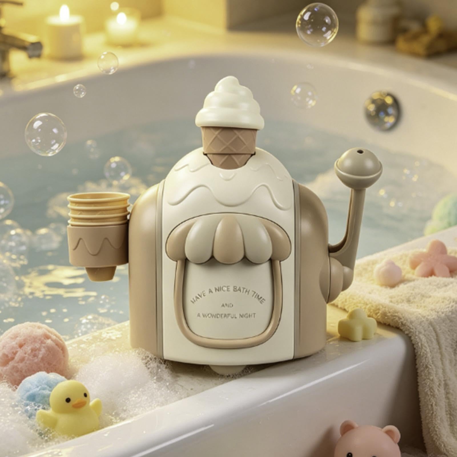 Ice Cream Foam Maker Bath Toy, Wall Mounted Bubble Bath Toys For Kids, Baths Bubble Machine Bathtub Toy, Interactive Pretend Play Water Toys, For Bathroom, Shower Room, Swimming Pool(Beige) — image 1