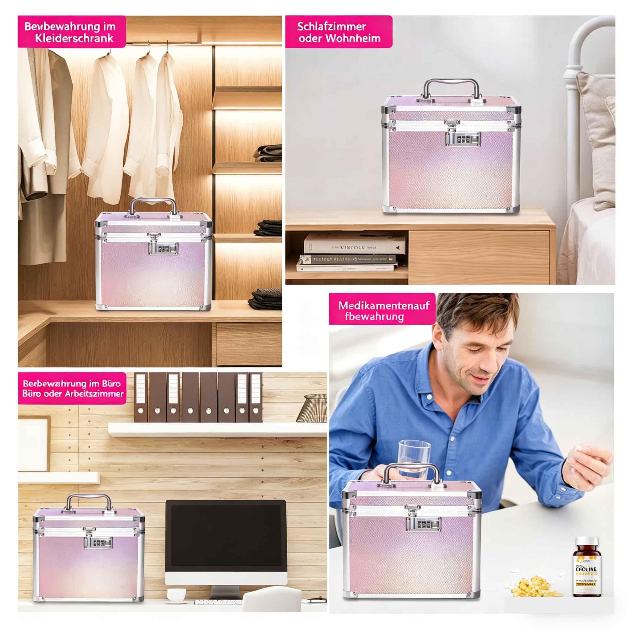 Aufbewahrungsbox mit Zahlenschloss, Abschließbare, Aluminium-Rahmen, 26x18x20 cm, für Medikamente, Dokumente und Wertsachen, Tresor Kinder (Holografik-Pink)