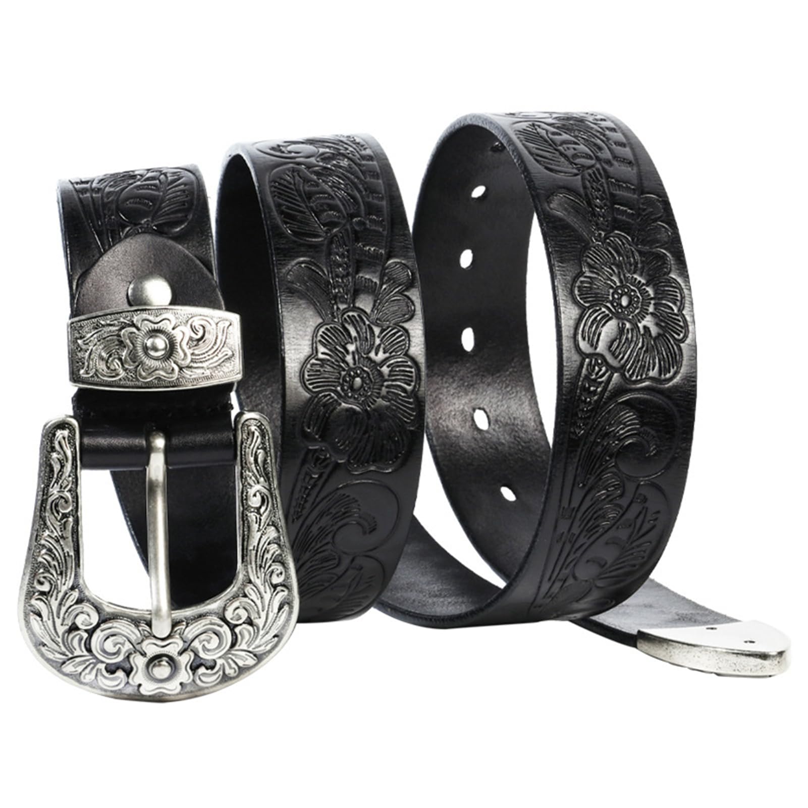 Uomo Donna Cintura in Pelle Vintage in Rilievo con Incisione Floreale Occidentale Fibbia d'Argento Cowgirl Country Cinghia in Vita(105cm/41, Black)