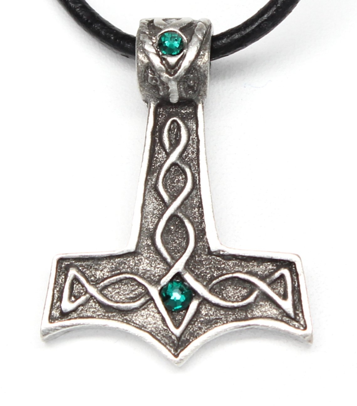 Pewter Thor's Hammer with 2 Swarovski Crystals for Birthday on Leather Necklace