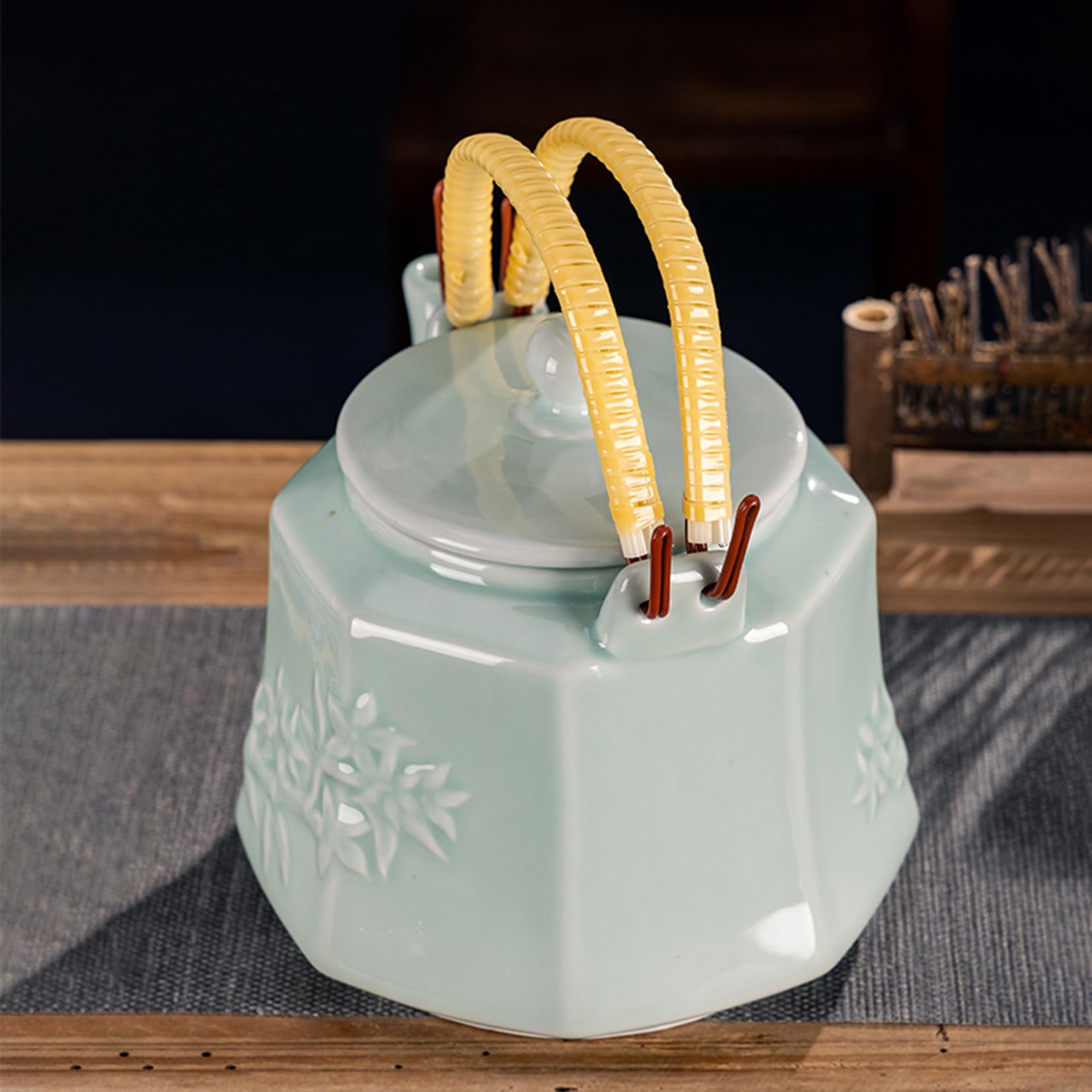 Chiński relief Celadon Kung Fu zestaw do parzenia herbaty, ceramiczny dzbanek do herbaty 2 l/3 l, do gotowania herbaty Kung Fu, gorącej wody, tradycyjny domek wiejski, Teapot, herbata, Mak, cyjan, 3 l
