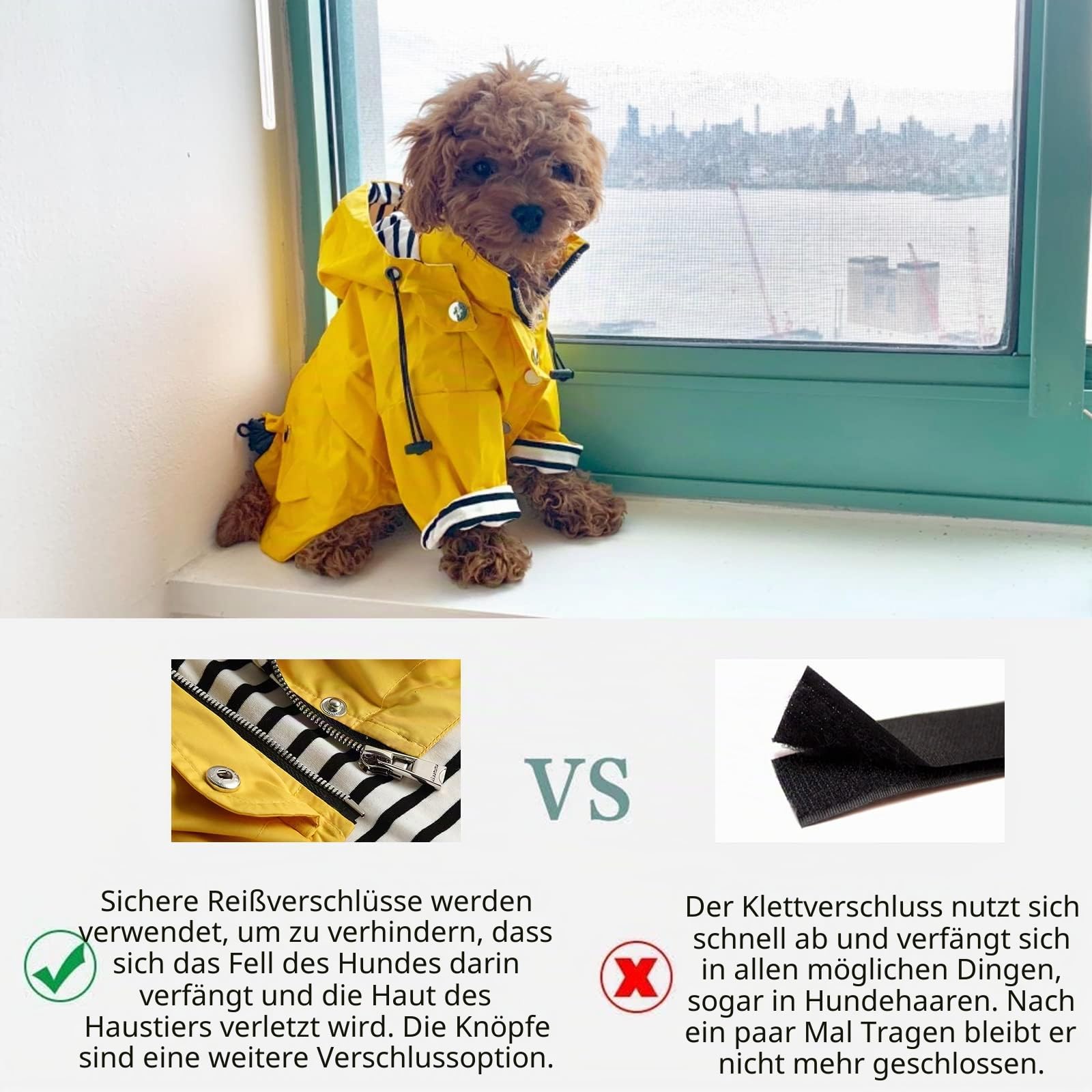 MOREZI Hunderegenmantel, mit Reißverschluss und reflektierenden Knöpfen, Regen-/wasserdicht, Verstellbarer Schultergurt, abnehmbare Kapuze, hält den Hund sauber und ordentlich-Gelb-L