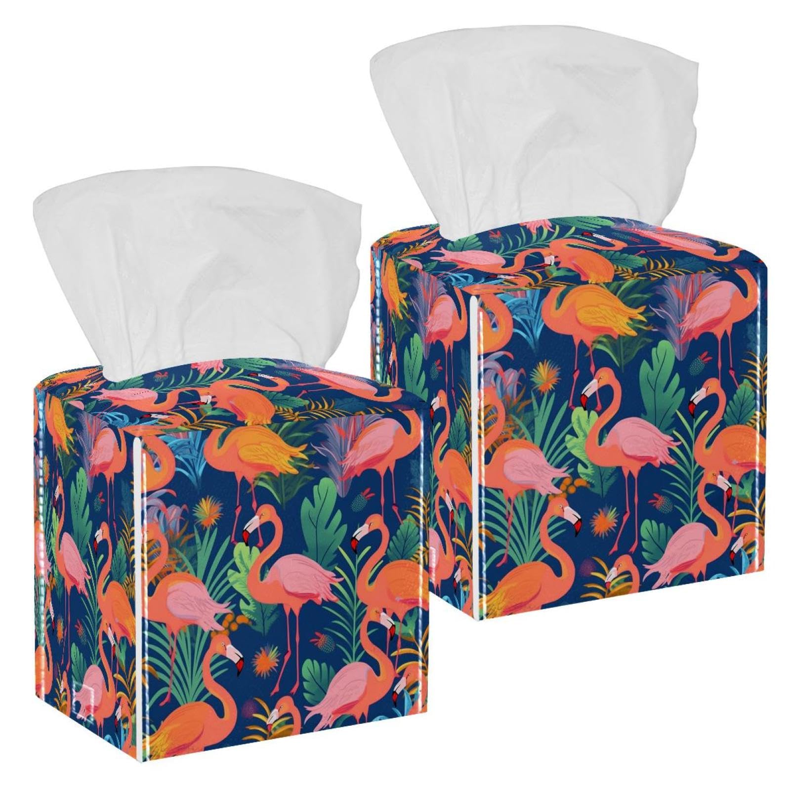 Flamingos Tissue Box Cover, 2 Pack PU Leather Square Facial Tissue Dispenser Box holder for Home Office Car