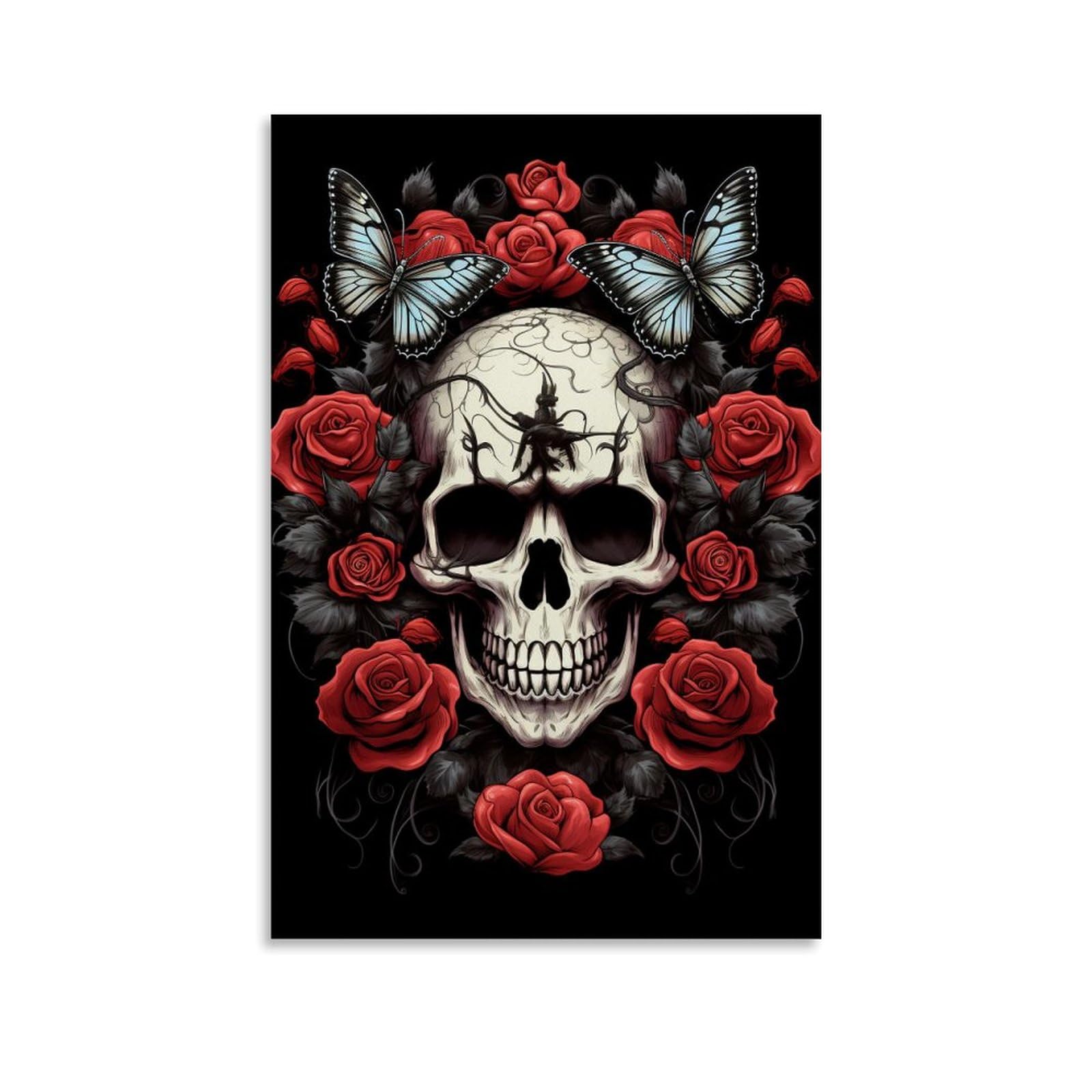 PMLBAOUS Horror Skull Wall Art Canvas Poster Prints,Romantic Red Rose Butterfly Vintage Skeleton Print Poster on Canvas Aesthetic Wall Decor for Home Room Offices Artwork 20x30inch(50x75cm)