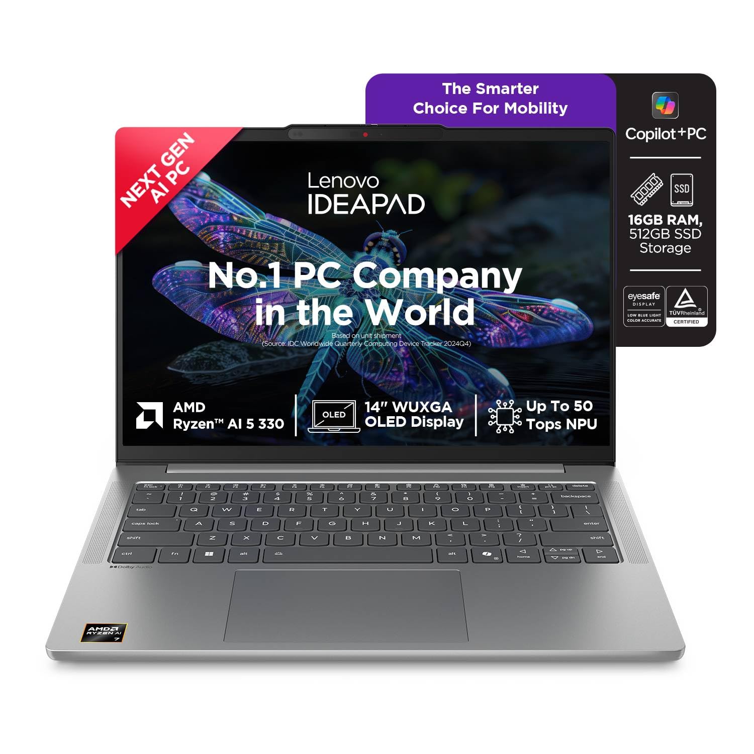 Lenovo IdeaPad Slim 5 AMD Ryzen AI 5 330 (16GB RAM/512GB SSD/14 (35.5cm)/WUXGA IPS/Copilot+ PC/Windows 11/Office Home 2024/Backlit Keyboard/1Yr ADP Free/Grey/1.4Kg), 83HX008XIN AI Laptop