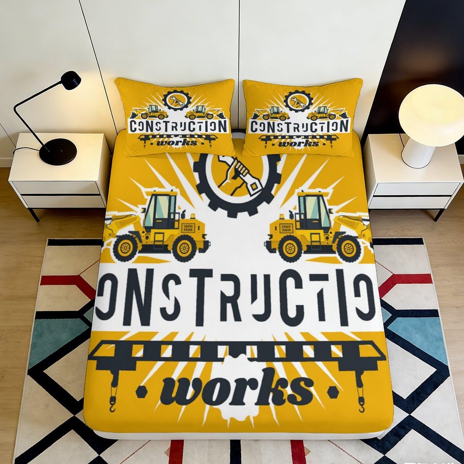 Pnayamiorkfel Style-6 3D Printed Construction Vehicle Fitted Sheet Microfiber Non Slip Yellow Industrial Crane Bed Cover For Bedroom Dorm Mattress Decor 90X200x25cm