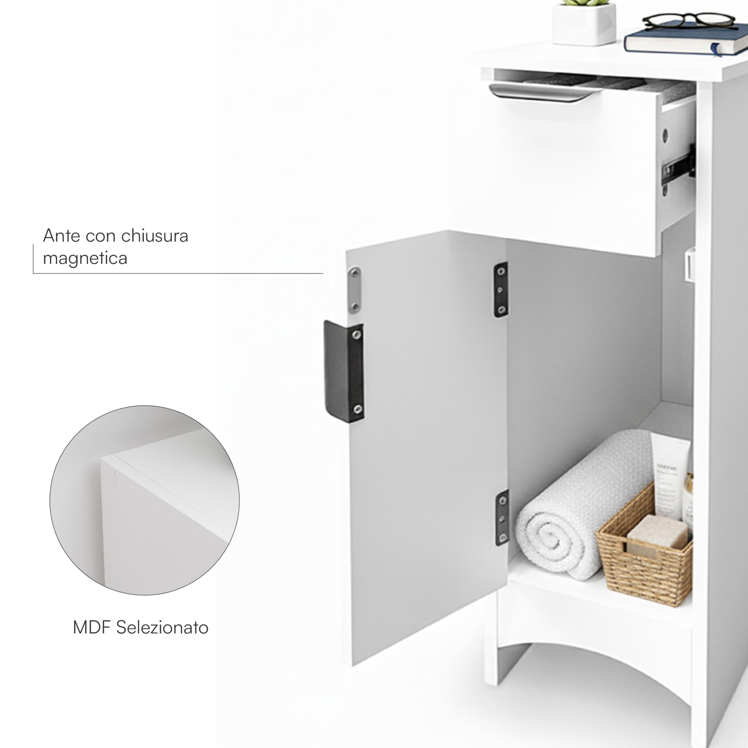Baroni Home Colonna Bagno Salvaspazio, Mobile Alto con Ripiani Aperti e Ante, Armadietto Multiuso, Colonnina Moderna per Bagno, Cucina e Camera da Letto, 21x46x62 cm 1 Anta 1 Cassetto Bianco
