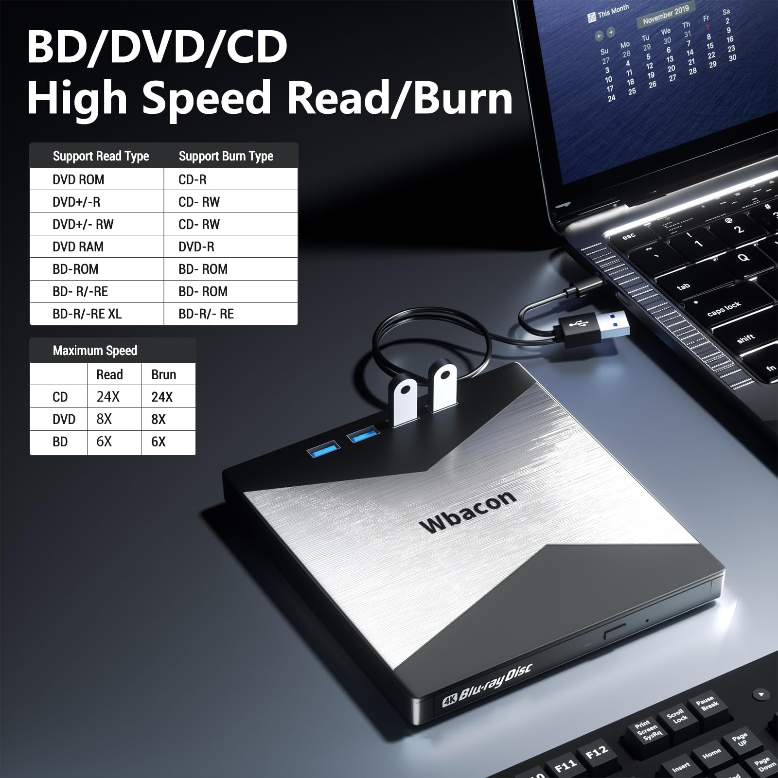 External Blu Ray Drive, 4K Portable Blu Ray Burner USB 3