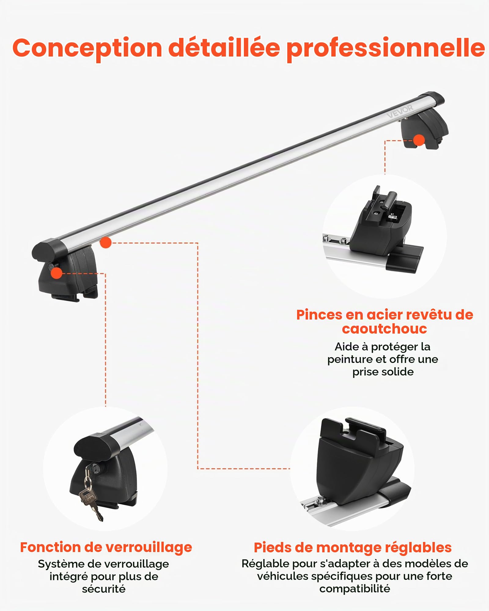 VEVOR Barres Transversales de Toit, Barre Porte Bagages Charge 90 kg 120 cm, pour Rails de Toit Surélevés et Intégrés avec Écartement 18-108,5 cm, en Aluminium, pour Panier Galerie Camping Voyage