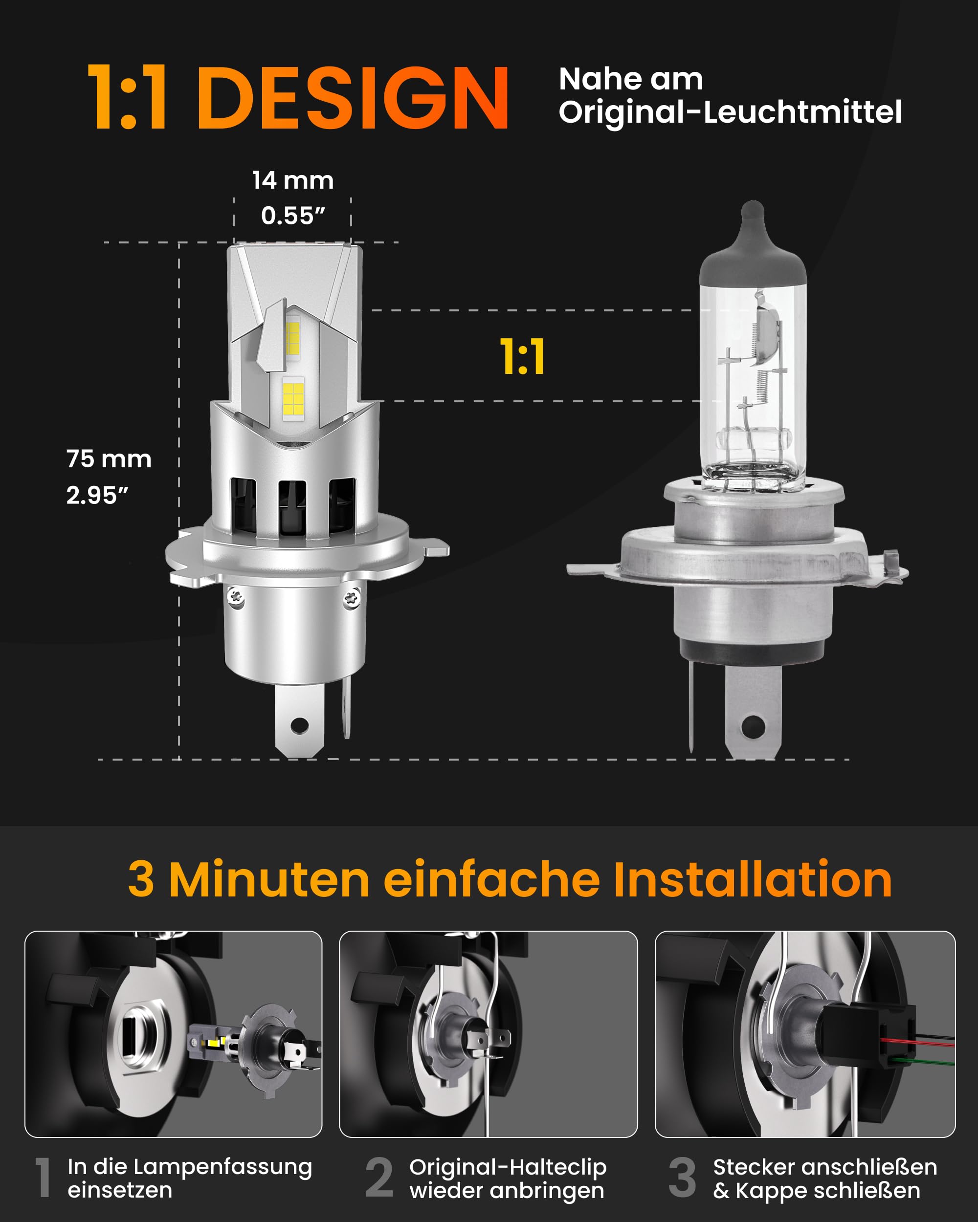 Stellar - Bombilla H4 – 6500 K Diamond White, +200% de brillo, tamaño halógeno 1:1, repuesto para quemador halógeno, Canbus Ready, IP68 resistente al agua, 3 minutos Plug & Play, 2 años de garantía, 1