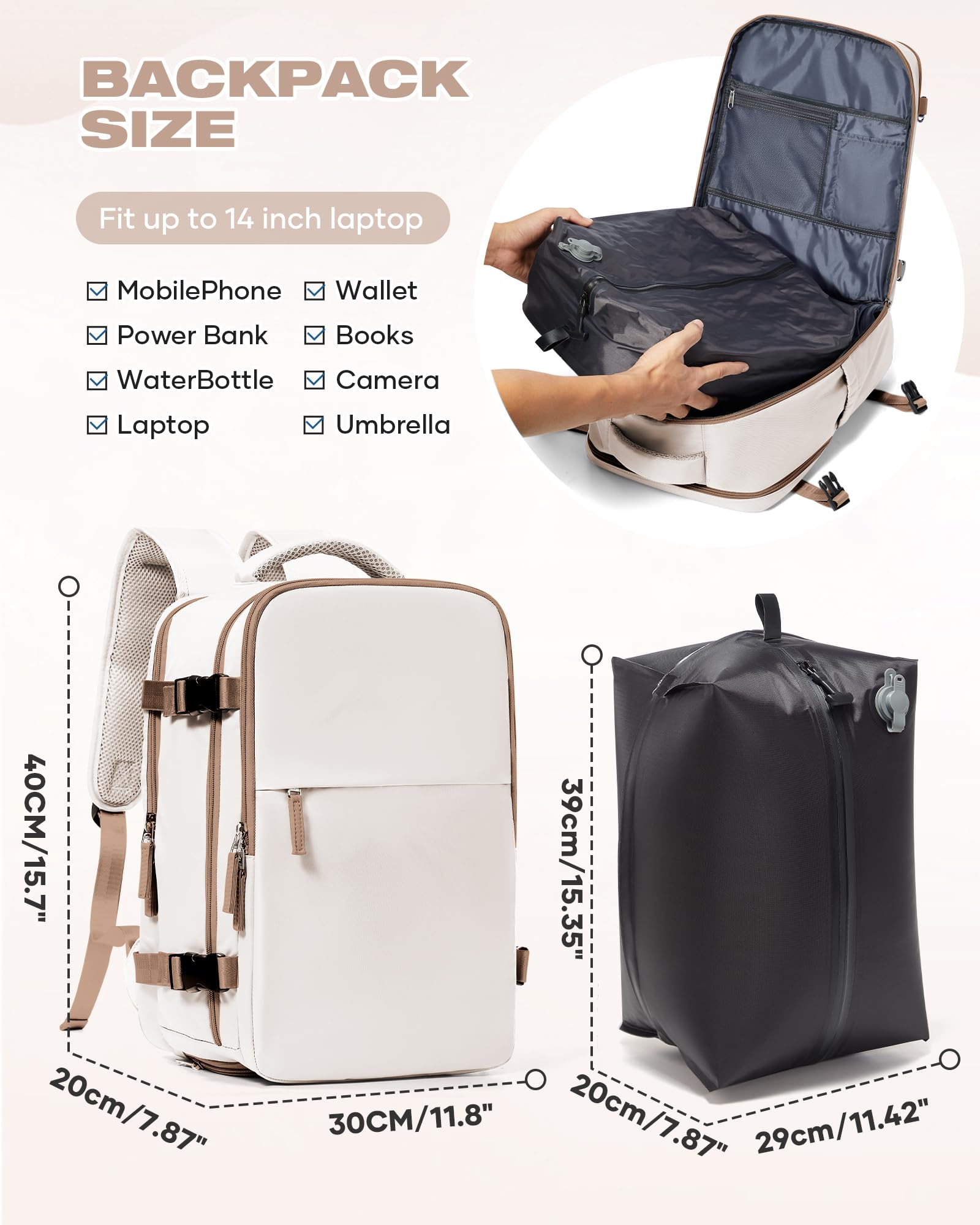 SZLX Vakuum Rucksack Ryanair Handgepäck 40x30x20 Wizzair Reiserucksack Flugzeug für Damen Herren, Laptop Rucksack 14 Zoll Wasserdicht Untersitz Kofferrucksack mit Schuhfach,Vakuum Koffer mit Pumpe