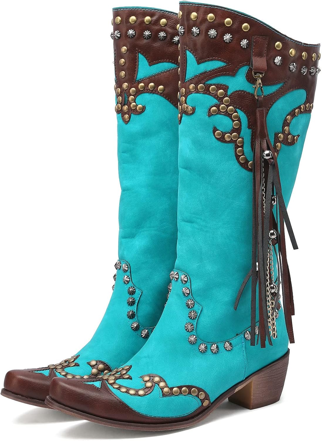 KiutSymo Womens Splicing Western Cowgirl Boots Bohe Tassel Metalic Style Chunky Heel Knee High Cowboy Boots
