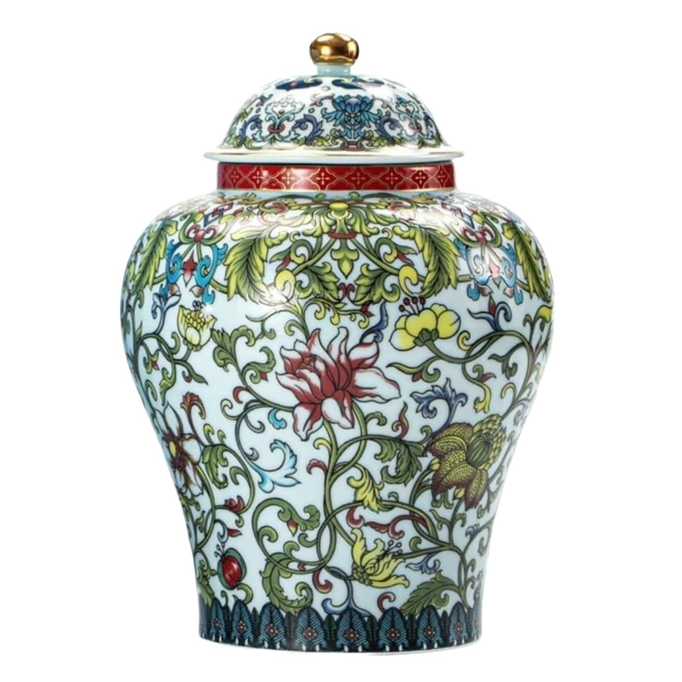Porcelanowy wazon na słoik imbirowy - dekoracyjny ceramiczny wazon na kwiaty z pokrywką, wzór chińskiej świątyni