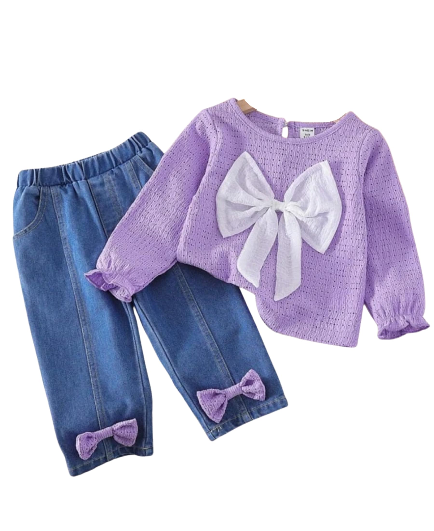 Stylish Kids Wear Top and Denim Jeans Set Long Sleeve Bow Design Crepe Fabric with Dyed Washed Denim Pants for Girls Toddler Baby Girl-image-1