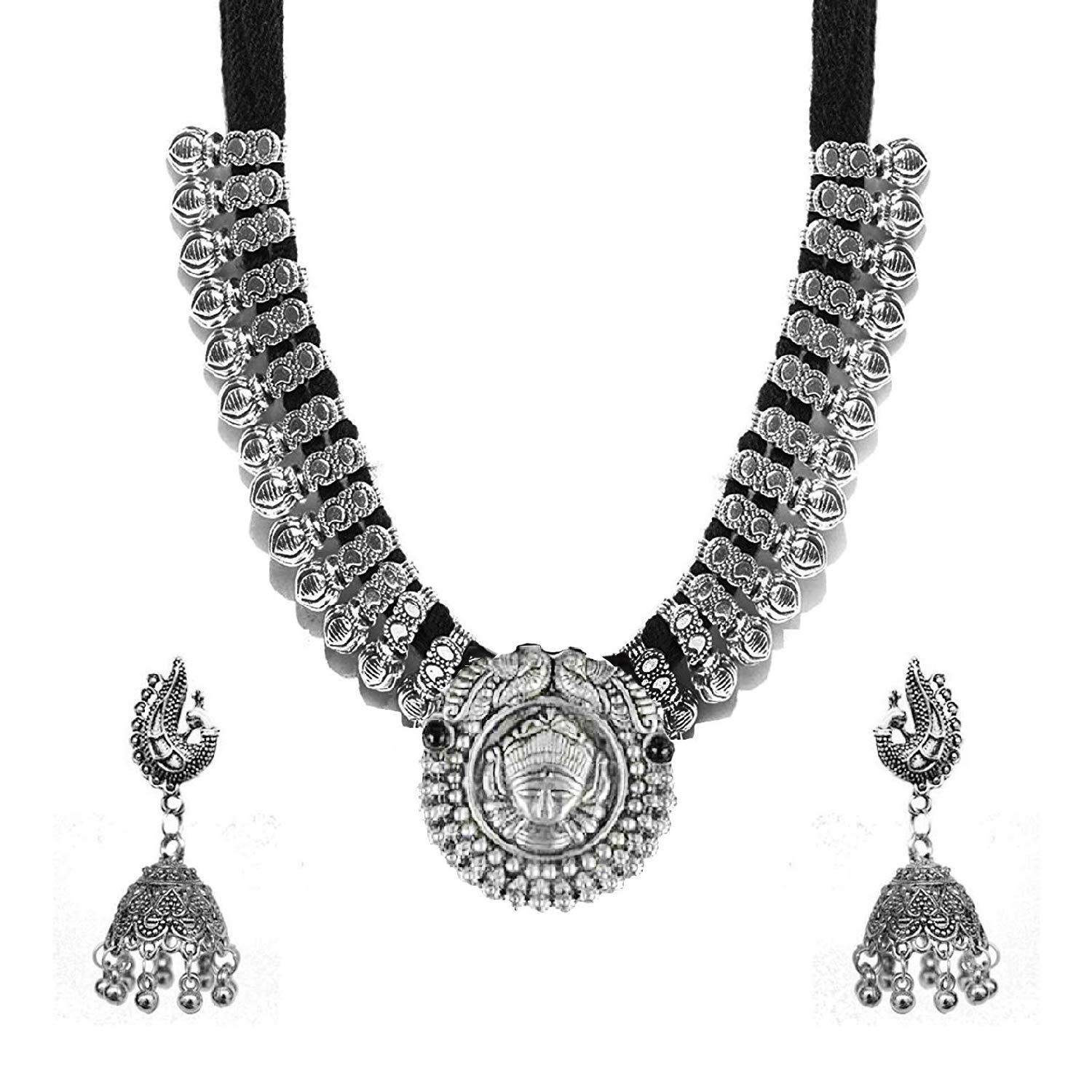 Yellow Chimes German Oxidised Silver Antique Durga Design Threader Traditional Necklace set with Peacock Jumka Earring Jewellery Set for Women and Girls (B081X5BYLS) Amazon Price History, Amazon Price Tracker