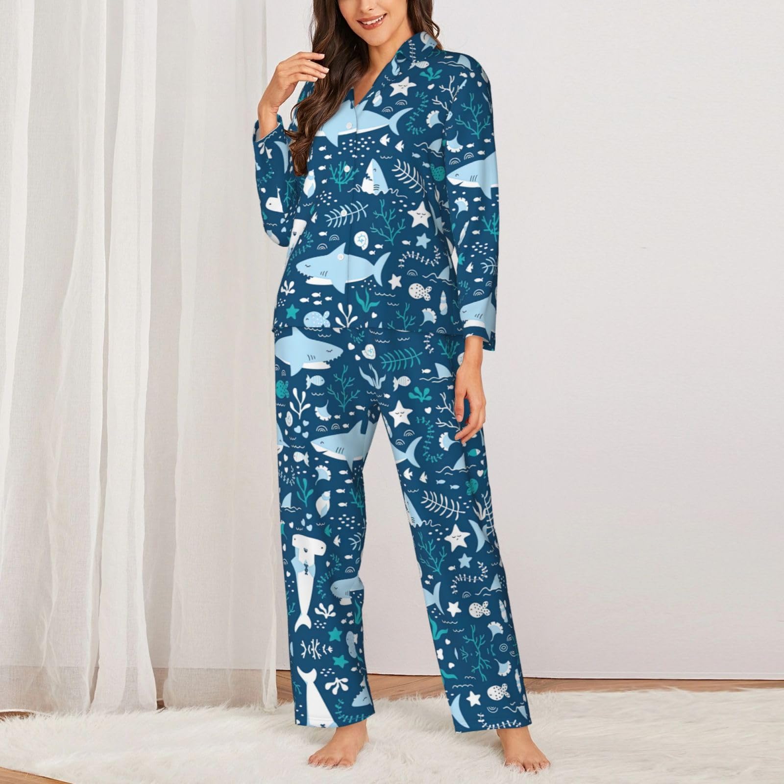 Carino Blu Pesce Stampa Delle Donne Manica Lunga Pigiama Morbido Lounge Set Sleepwear Confortevole Nightwear Regalo