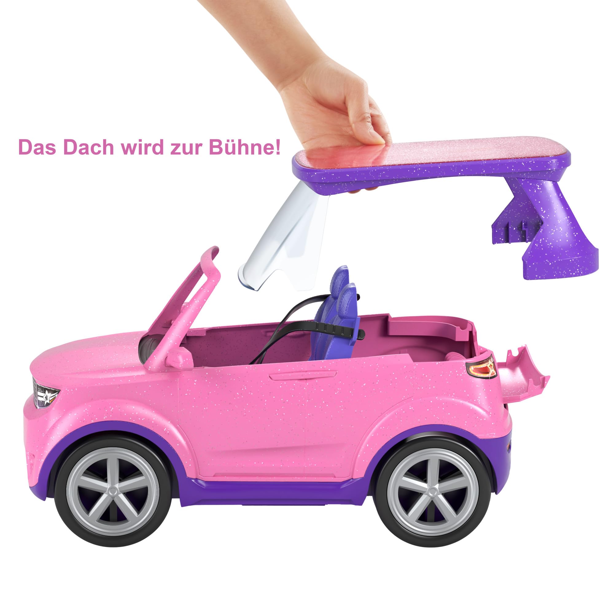 Barbie Big City Big Dreams, Auto Cabrio, 2:1 verwandelt Sich in Bühne, inkl Zubehör für Konzerte wie Schlagzeug, Spielzeug für ab 3 Jahren, GYJ25
