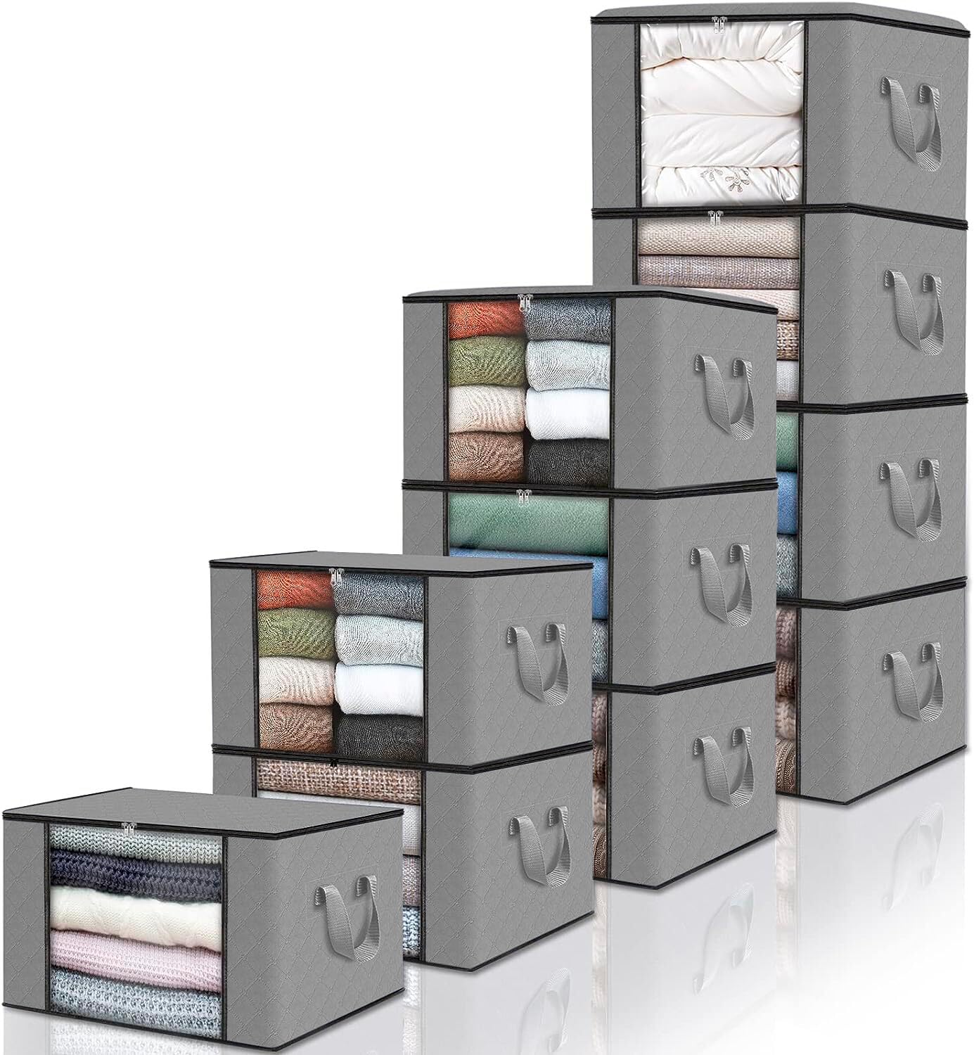 edihome, Clothes Storage Bag, (10 pieces), Wardrobe Organiser, with Reinforced Handles, Heavy Duty Cloth Pouches with Transparent Window (Light gray, Pack of 10)
