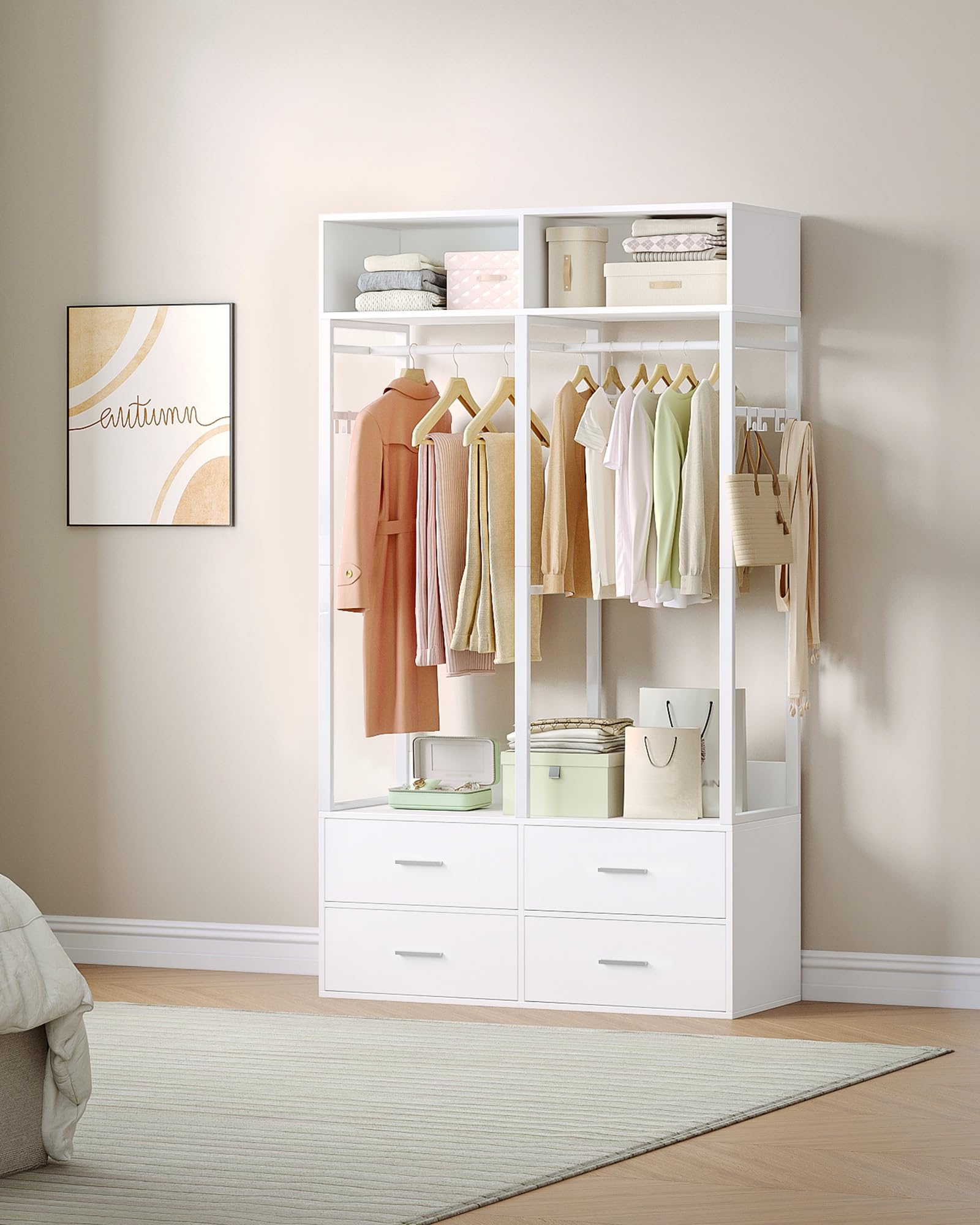 Hzuaneri Armario, Armarios Dormitorio con 4 cajones de Madera, Estante de Almacenamiento Superior, Construcción de Hierro y Madera, Adecuado para Walk-in Closet, 43 x 100 x 185 cm, Blanco BW06603W
