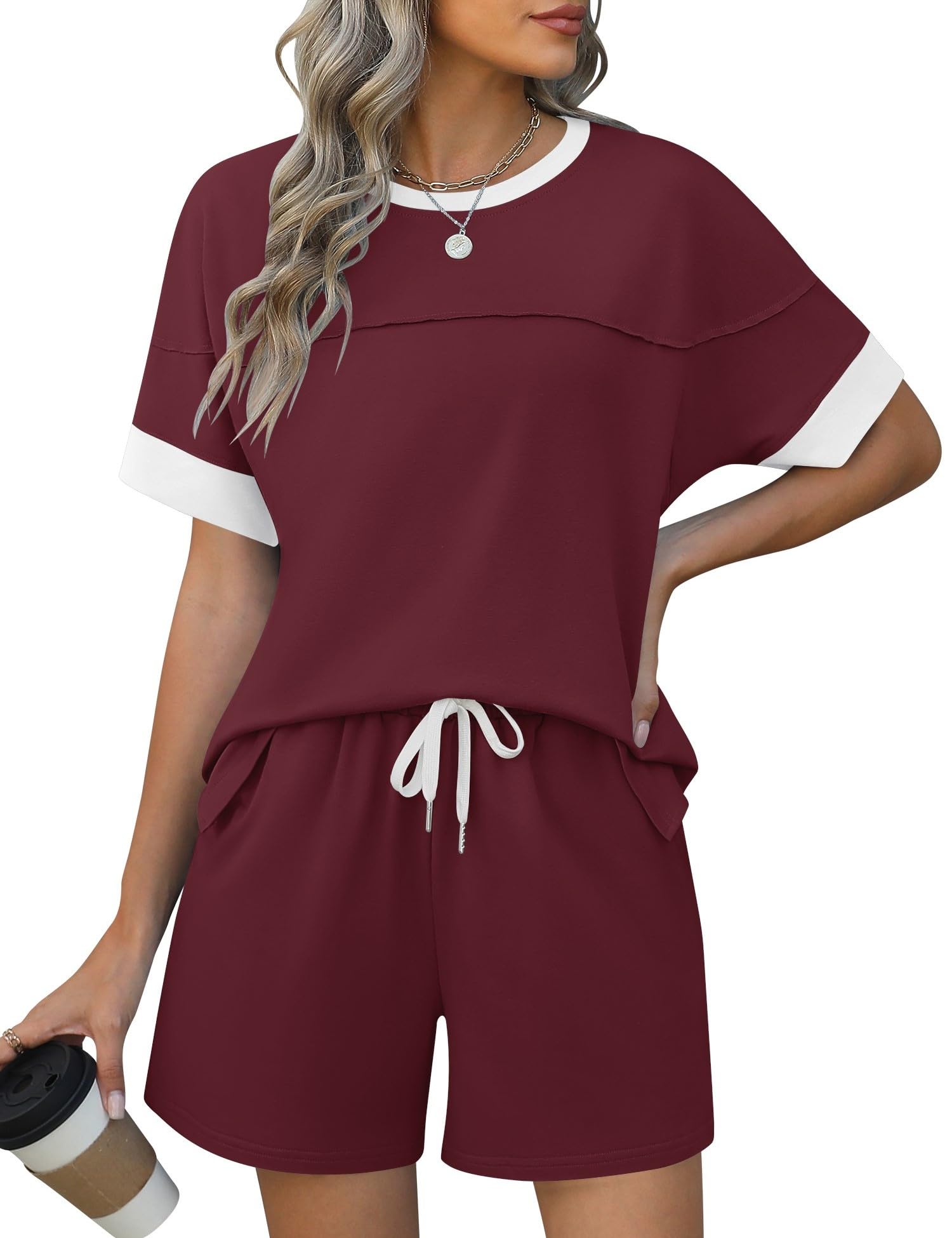 Rapbin Comfy Summer Sets with Pockets Loose Fit Color Block Design Matching 2 Piece Sets with Drawstring Waist