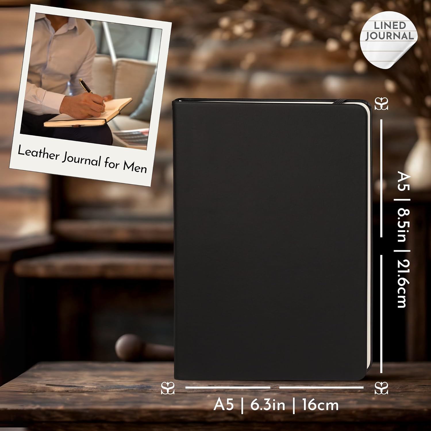 SETTINI Journal Notebook for Writing, Vegan Leather Hardcover Notebook - Pen loop, Back Pockets & Lay-Flat design, 120 GSM A5 College ruled Bleed free Paper, Gift Set for Men and Women, Onyx Black - Leather Journal for Men