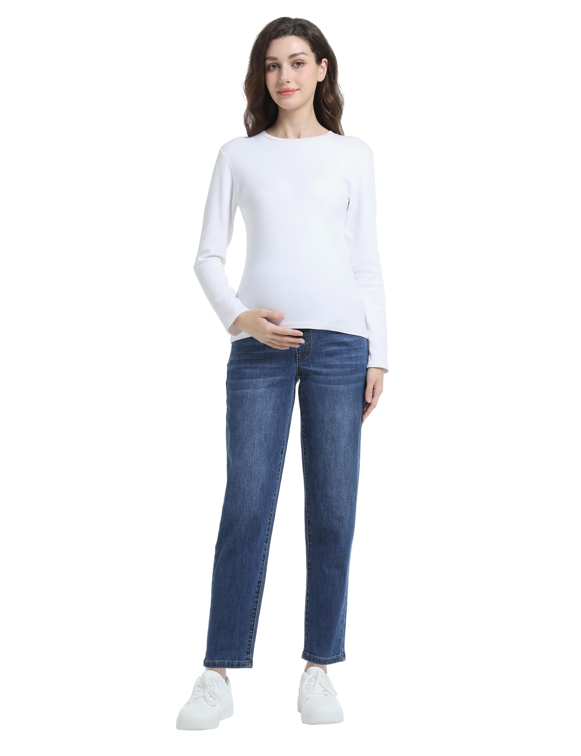 Jeans premaman da donna, sopra la pancia, stile boyfriend, con tasche, in denim