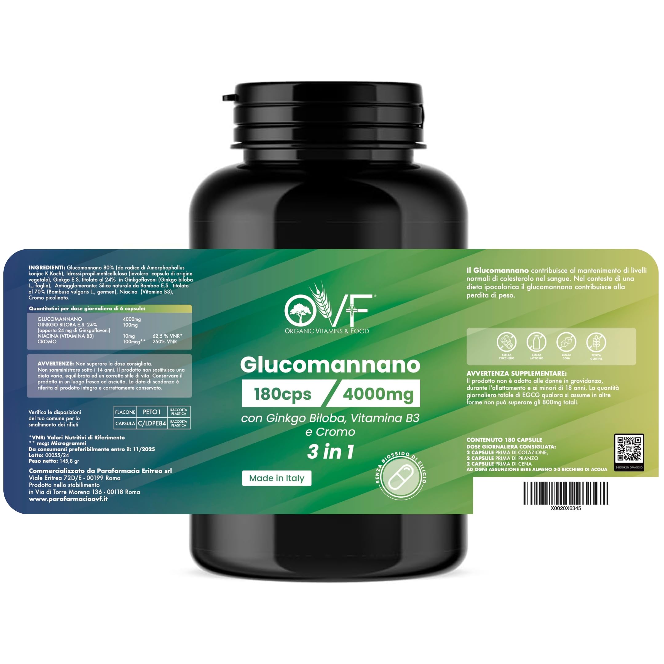 OVF Glucomannano Forte 4000 mg, 180 Capsule con Ginkgo Biloba, Vitamina B3 e Cromo, Integratore Alimentare con Glucomannano Puro da Radice di Konjac, Tè Verde e Bamboo, Made in Italy