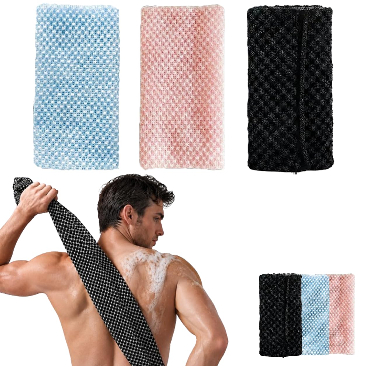 Serviette De Douche Exfoliante Ecovia, Exfoliation Douce, Serviette Exfoliante Douche, Homme Femme, Douce Corps et Visage, Pour Les Voyages Et Les Soins Corporels Quotidiens (Noir+rose+bleu)