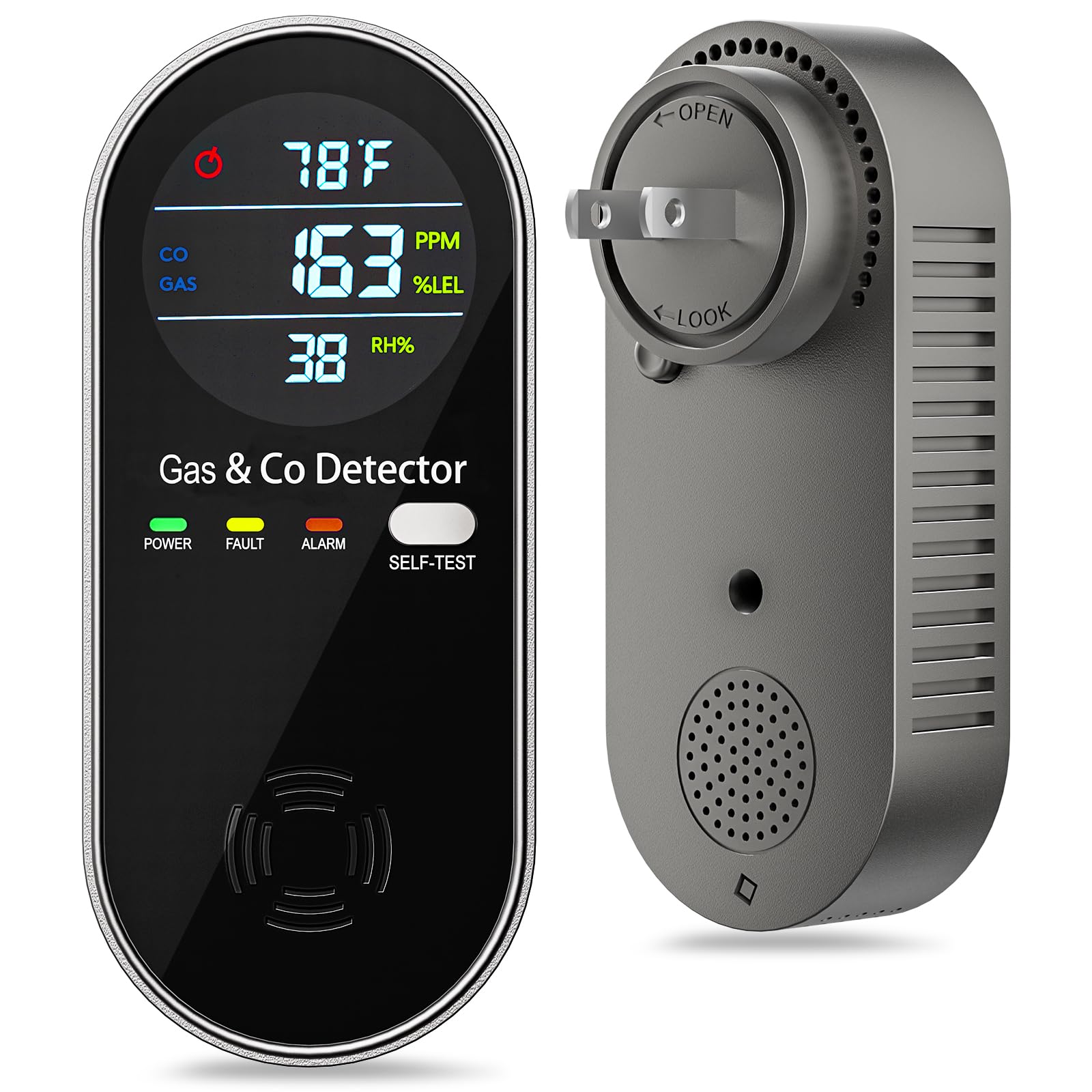 4-in-1 Plug in Combination Gas & Carbon Monoxide Detector, CO Alarm with Fahrenheit(°F) & Humidity LCD Display for Home and Travel (1 Pack)