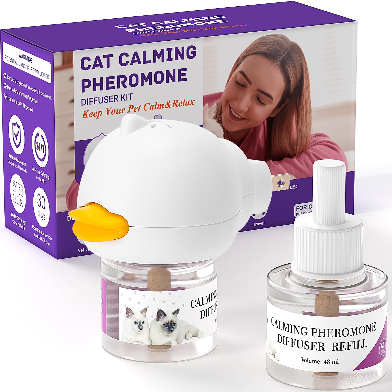 Cat Calming Pheromone Diffuser Kit for Cat/Kitten Anxiety Relief Stress Reduction, 48ml x 2 and1 Plug-in Diffuser Reduces Common Signs of Stress and Fear