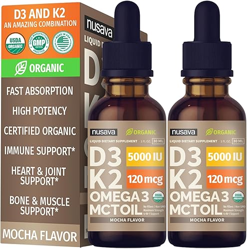 Miniatura 10 de Paquete de 4 gotas orgánicas de vitamina D3 K2 con aceite MCT Omega 3, 5000 UI, líquido de vitamina D de máxima fuerza 5000 UI, sin rellenos,