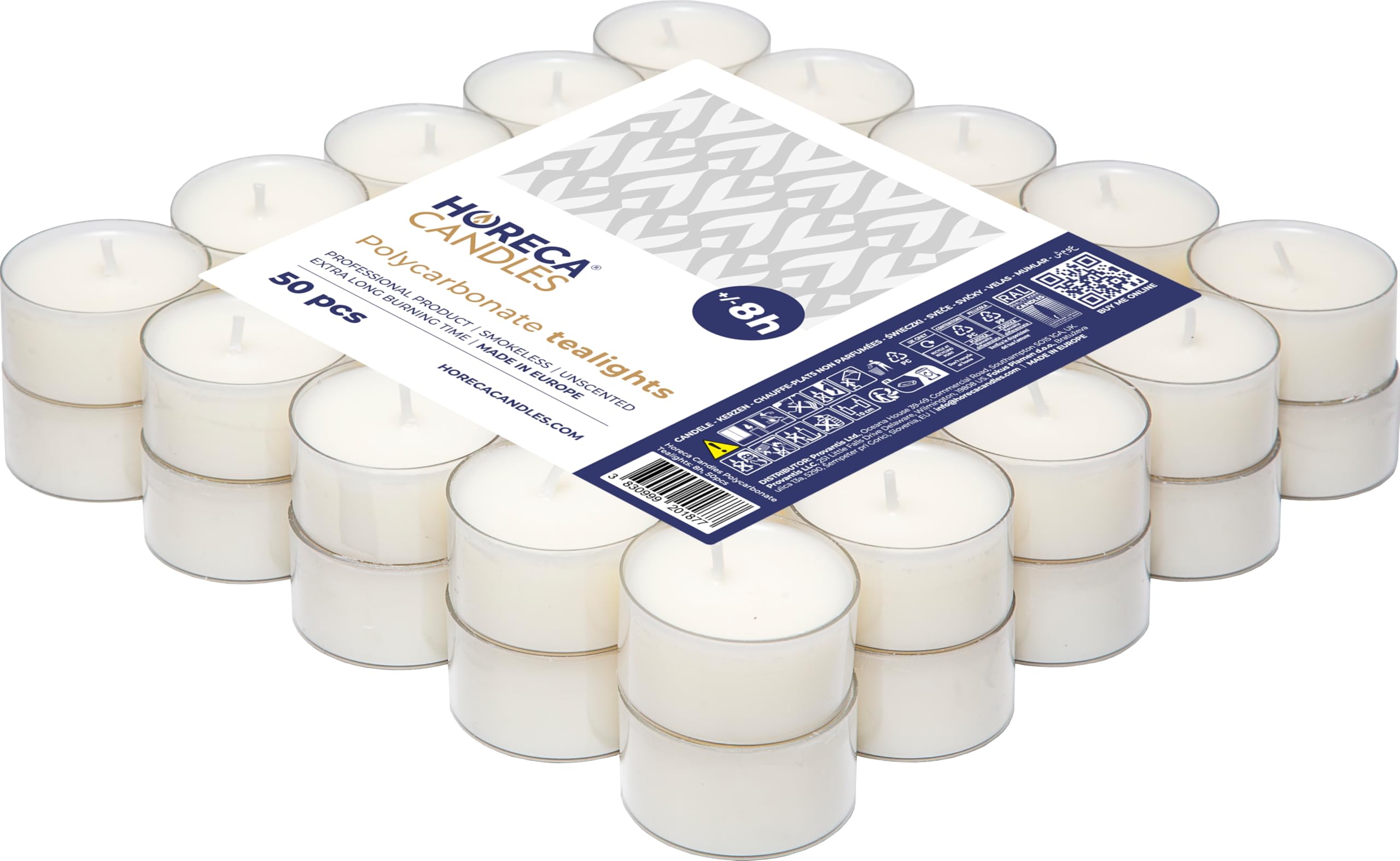 Horeca Candles - Theelichter Transparente Hülle - 8 Stunden Brenndauer - Weiß - 50 Stück Klar Teekerzen - Ohne Duft - Kerzen in Durchsichtigem Behälter