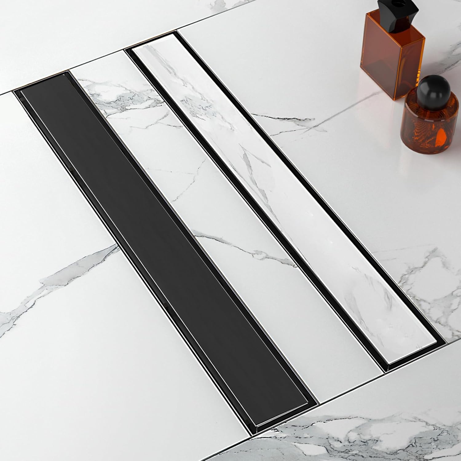 24-Inch Linear Shower Drain with Tile Insert Grate, SUS 304 Stainless Steel Linear Drain, Matte Black Long Rectangle Shower Floor Drain with Leveling Feet, Hair Strainer, Fits Bathroom Matte Black 24 Inch