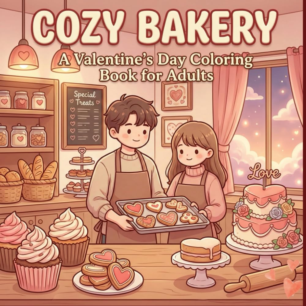 Cozy Valentine Bakery - A Cute Couples Coloring Book for Adults: 45 Romantic & Cozy Bakery Scenes for Relaxation and Stress Relief