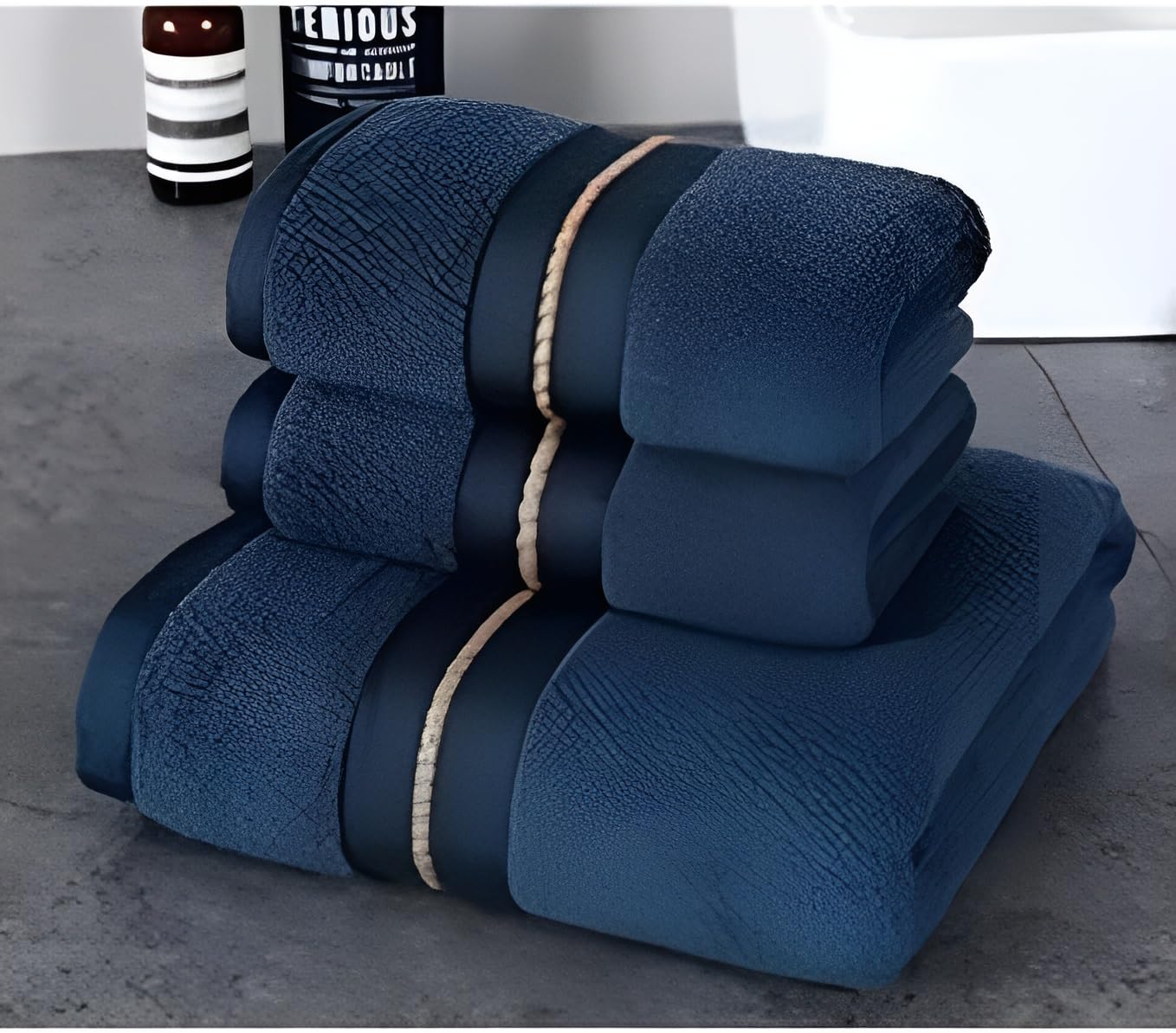 Cotton Bath Towel Set Used For Homes, Spas and Hotels, Navy Blue (3 pcs)- 34 x 34 cm, 34 x 75 cm, 70 x 140 cm, Golden Silk Design, Water Absorptant, Durable