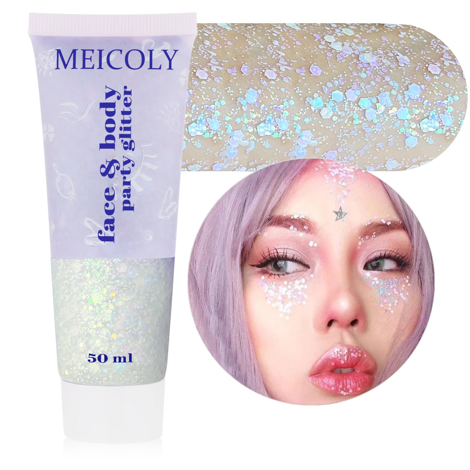 MEICOLY Chameleon Iridescent White Body Glitter,Holographic Face Glitter Paint Ice Themed Aerial Performance,Self-Adhesive Color Changing Mermaid Face