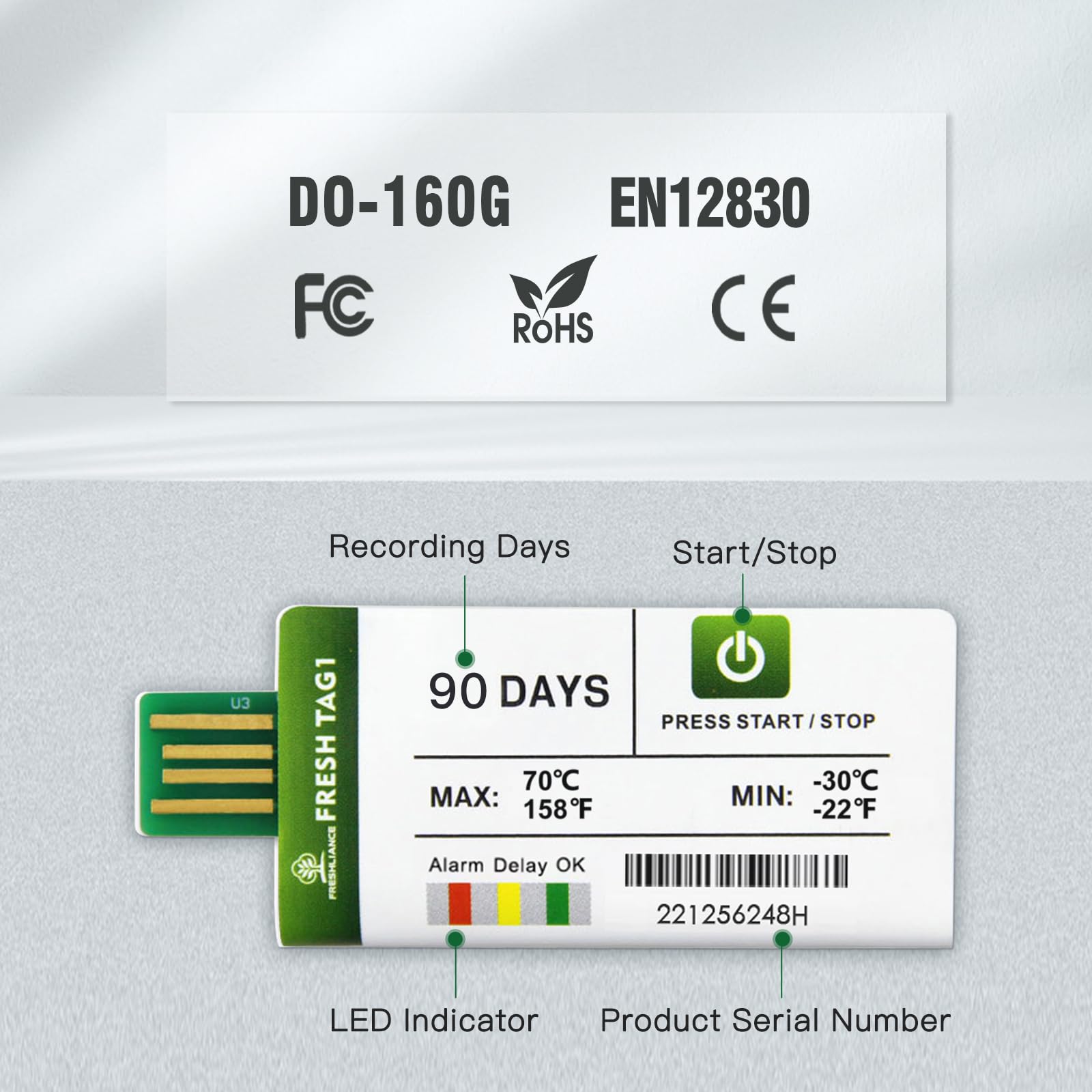 Freshliance USB Registrador de datos de temperatura 129600 puntos Cubierta de alta precisión 180 días 10 paquetes de una sola cadena fría de viaje etiqueta fresca 1