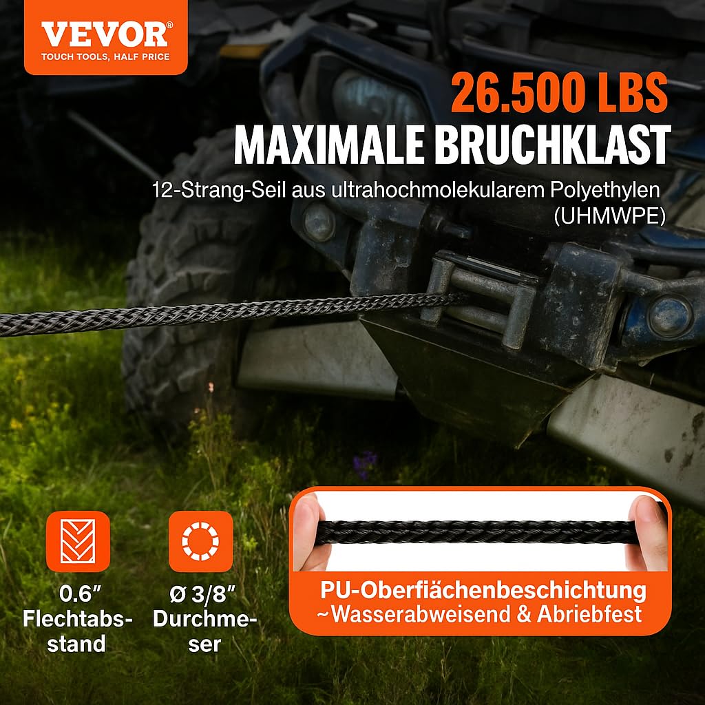 VEVOR Linka wyciągarki 9,5 mm x 30,5 m Kabel syntetyczny o wytrzymałości 117,9 kN z tuleją ochronną, hakem wyciągarki, pasem trakcyjnym do SUV-ów i dużych pojazdów terenowych