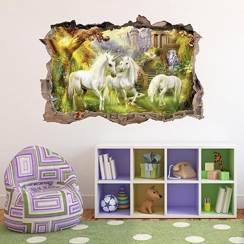 Unicorn Garden 3D Smashed Wall Sticker Art Mural H222 (vinilo, 49.2 x 33.1 in)