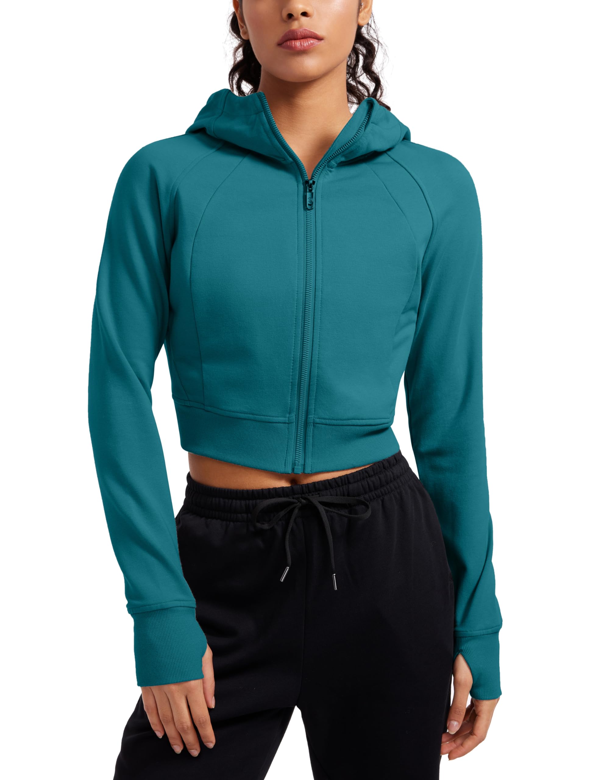 CRZ YOGA Damen Full Reißverschluss Fleece Hoodie Jacke Cropped Running Zip Up Laufjacke Workout Sport Sweatjacke mit Daumenloch