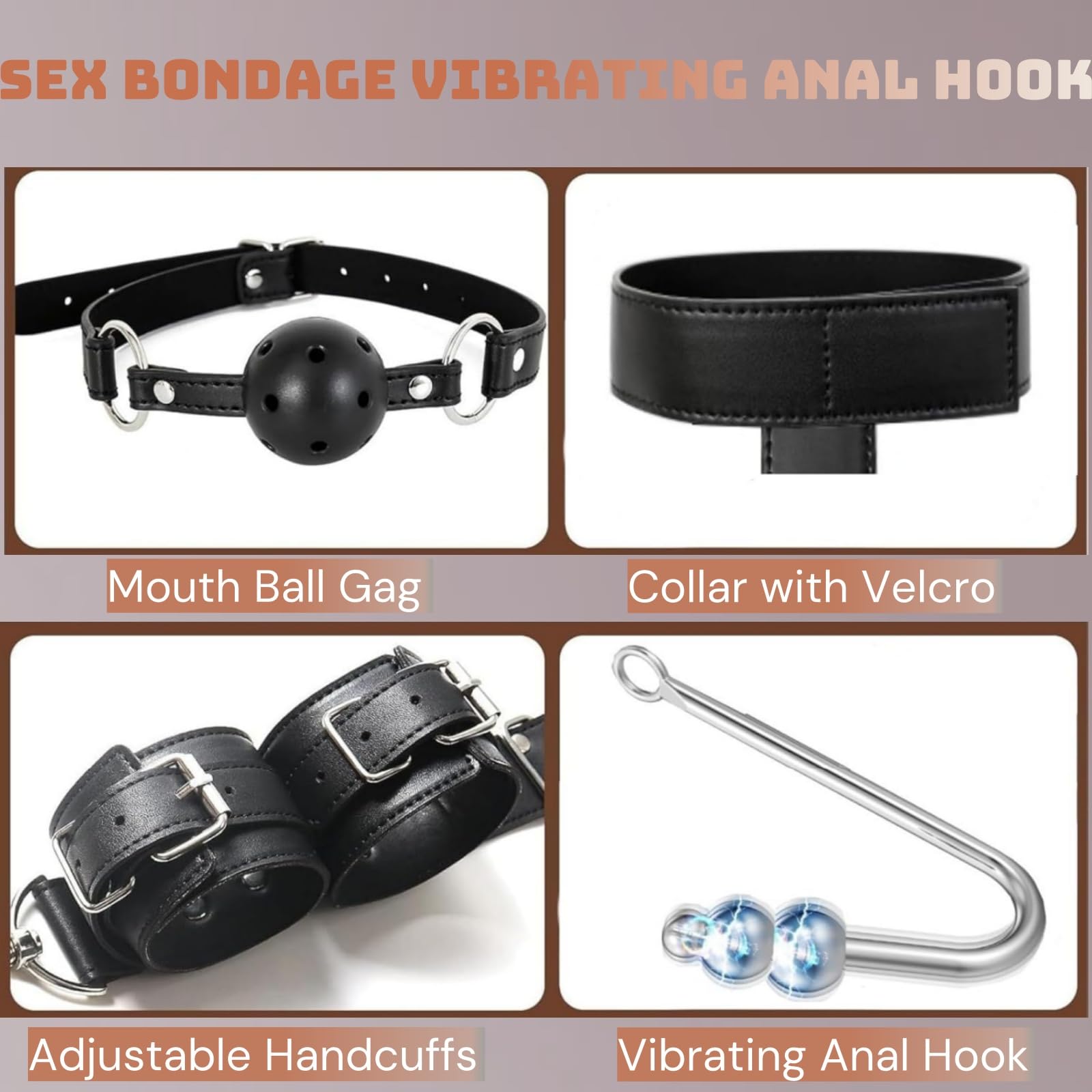 Vibrating Anal Hook BDSM Sex Bondage Restraints with Ball Gag - Neck to Wrist Behind Back Handcuffs Collar with 3 Balls Anal Trainer, Fetish Kinky Adult Sex Toys for Couple Beginner SM Game Play