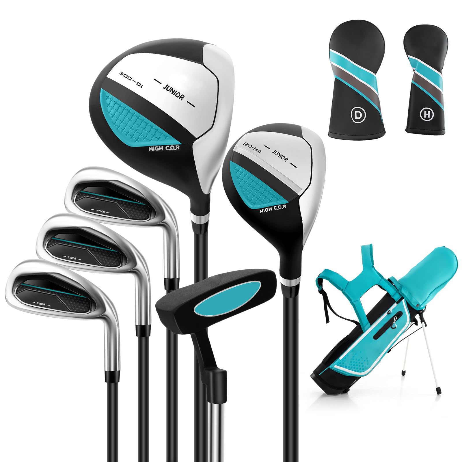 COSTWAY Juego de Palos de Golf para Niños de 11 a 13 Años, Incl. Bolsa de Soporte con Capucha para Lluvia, Conductor N.° 1, Híbrido N.° 5, Hierros y Putter N.° 7 N.° 9, para Diestros