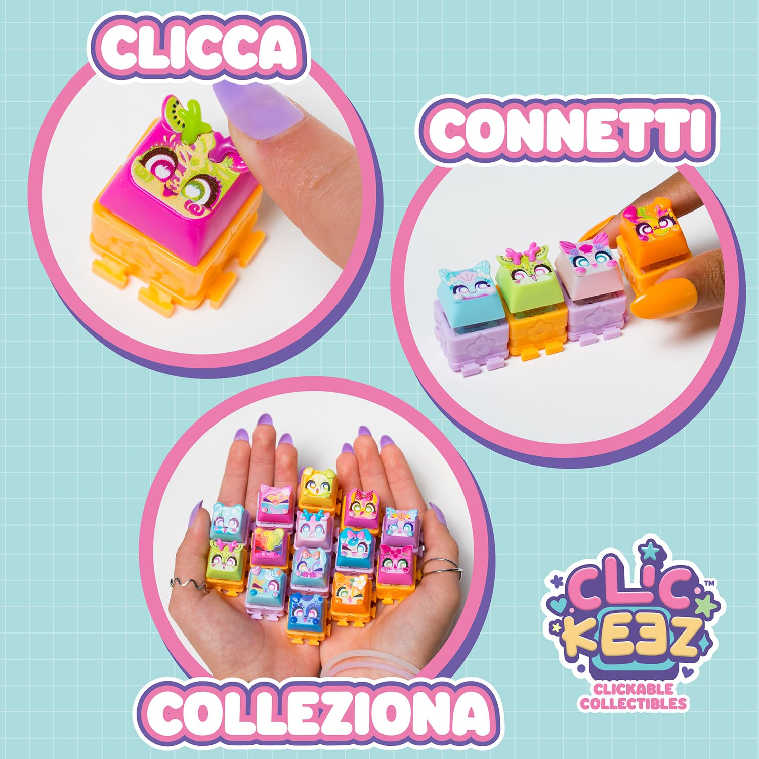 CLICKEEZ Multipack Serie 2 – 5 Mini Figure Kawaii da Cliccare – Keycap Trasformabile con Portachiavi – Fidget Toy Sensoriale con Effetto ASMR – Gioco Collezionabile – Da 6 Anni