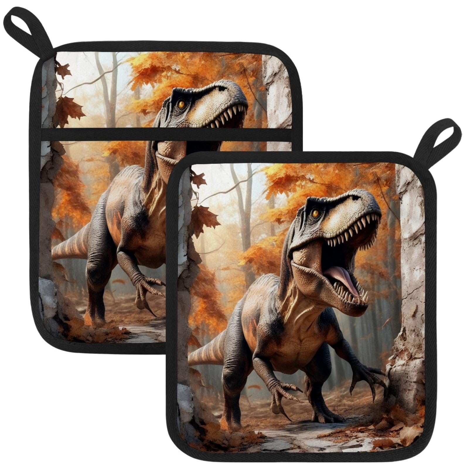 VAPOKF Dinosaur Heat Resistant Pot Holders, Thick Pot Holders Pad with Hanging Loop for Kitchen, Oven Cloth Pads for Kitchen Baking Microwave Oven