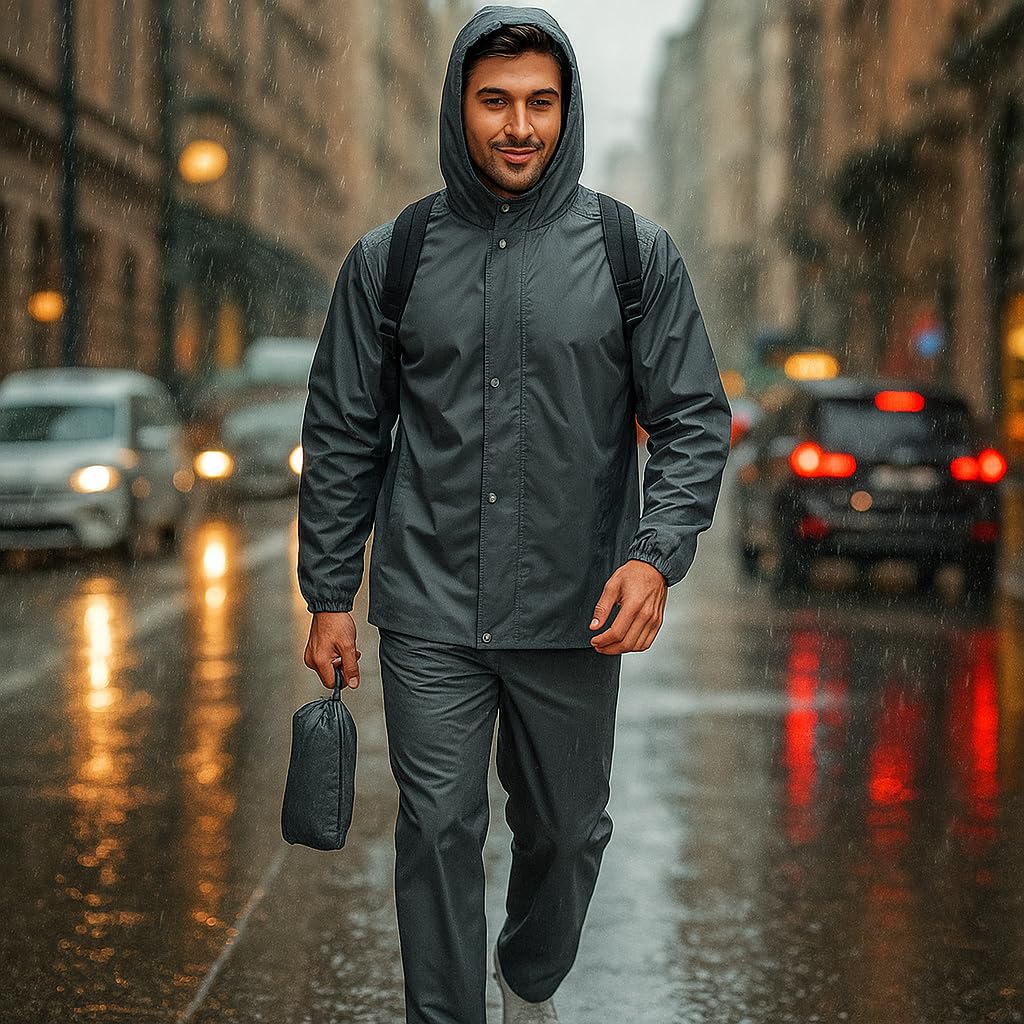 Unox Rain Coat for Men waterproof, GREY-XL Size Waterproof Raincoat Black with Pant Set suitable for Men, Women, Boys & Girls Adjustable Top and Bottom Rain Coat - Image 7 thumbnail