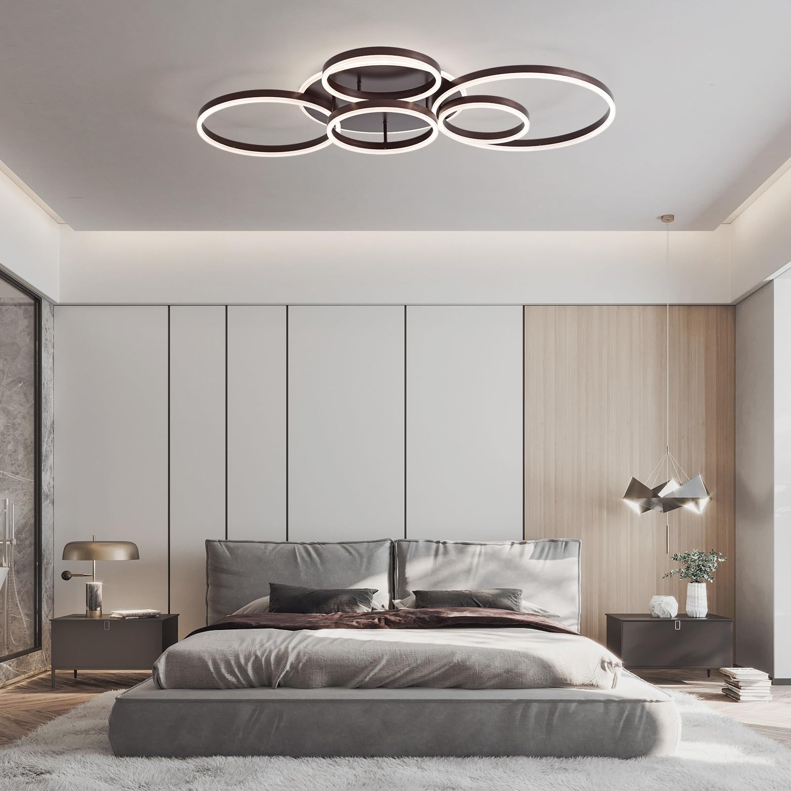 Plafon Led Techo Regulable,Montaje Empotrado 108W 6400Lm LáMpara Techo Con Control Remoto,Moderna LáMpara De ArañA De 6 Anillos Para Sala De Estar Dormitorio Comedor Pasillo,3000-6000K,MarróN