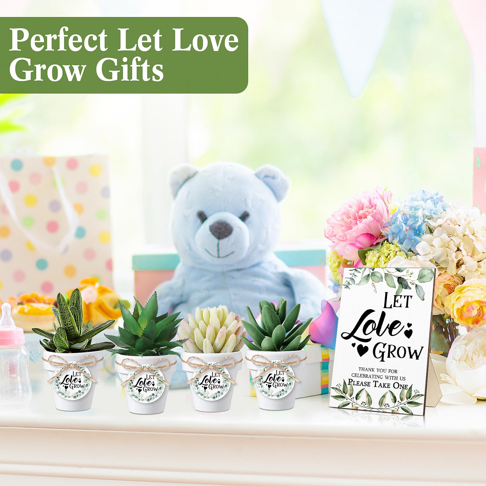 Tanlade 50 Pcs Wedding Small Succulent Pots Wedding Party Sign and Tags Set, White Mini Pot and Let Love Grow Bridal Shower Favor Tag and Greenery Sign for Baby Shower Bridal Birthday Parties