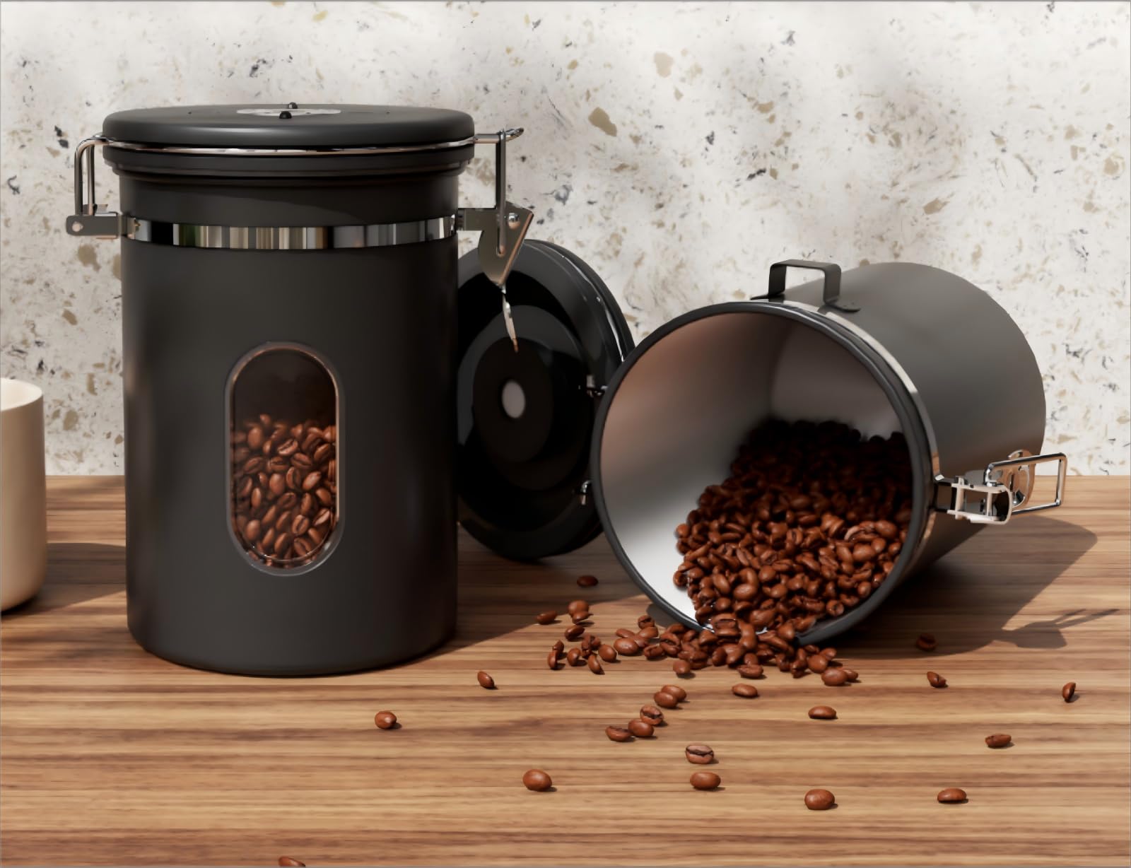 COMIWIN 1500ml Coffee Canister with Window 16oz, Date Tracker & Scoop, Ground Beans, Airtight Stainless Steel Kitchen Food Storage Container, Tea, Cereal, Sugar, Bar Accessories Gifts, Black Jar — view 6